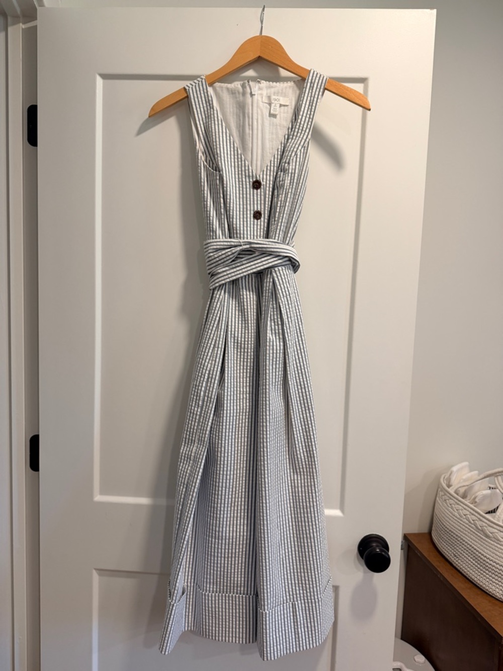 1901 Blue and White Striped V-Neck Tie-Waist Wide Leg Jumpsuit